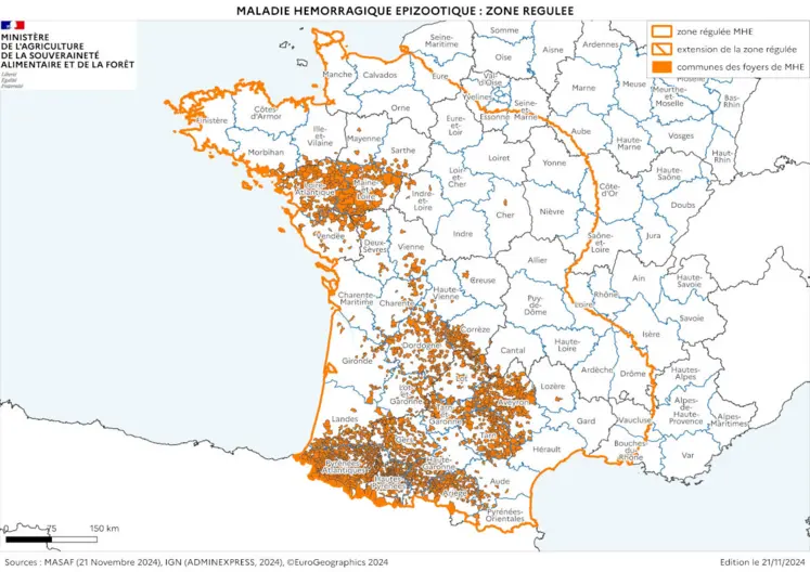 Cartographie de la zone réglementée au titre de la MHE à partir des foyers du sud-ouest, à la date du 21 novembre 2024.