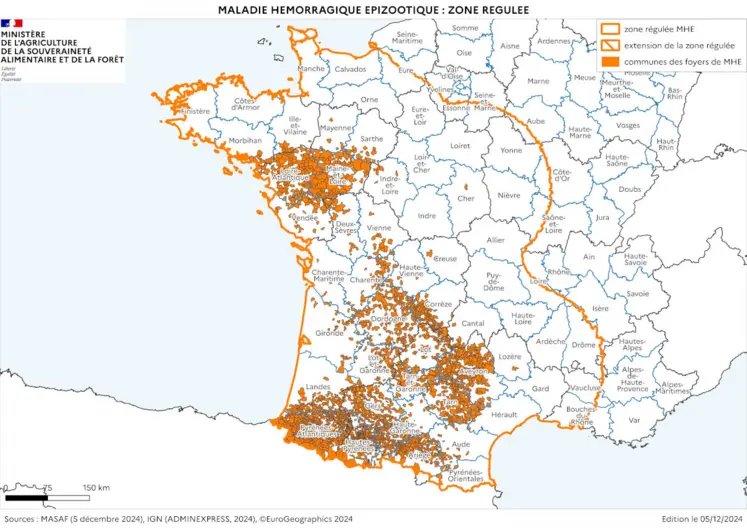 Cartographie de la zone réglementée au titre de la MHE à partir des foyers du sud-ouest, à la date du 5 décembre 2024.