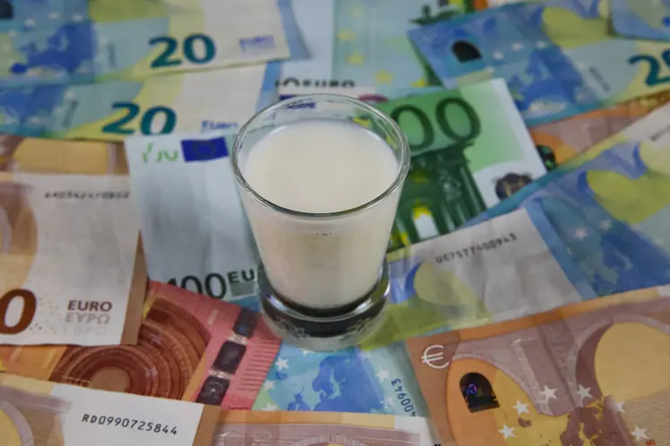 <em class="placeholder">Milk price and agricultural products trend concept: Small glass of milk on euro money bank notes</em>