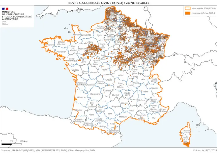 Carte de la zone régulée FCO 3 à la date de jeudi 13 février 2025.