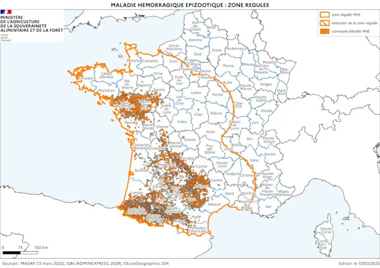 Carte de la zone régulée MHE à la date de jeudi 13 mars 2025. 