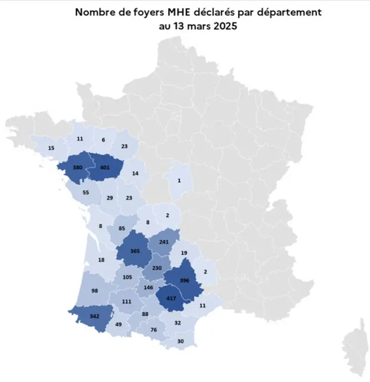 Cartographie du nombre de foyers déclarés MHE par département, en date du 13 mars 2025.