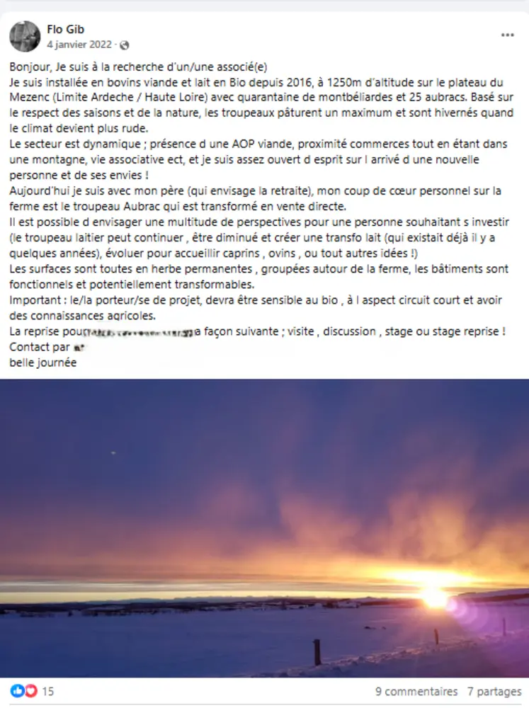 L'annonce FB de Floran pour trouver son associé
