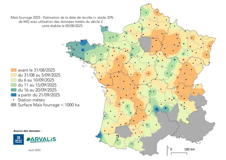 carte des dates prévisionnelles de récolte de maïs fourrage