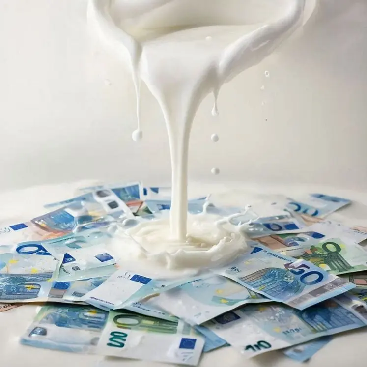 Lait coulant sur des billets en euros