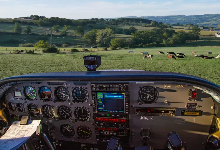 <em class="placeholder">Tableau de bord d'avion face à un paysage de prairie avec des vaches laitières</em>