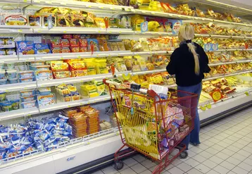 GMS / supermarché Auchan / produits laitiers / rayon fromagesen grande distribution /achat des ménages / alimentation /  femme faisant ses courses alimentaires / budget ...