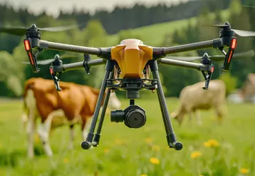 Close-up of a drone flying over a field with cows in the background, showcasing agricultural technology and modern farming techniques.