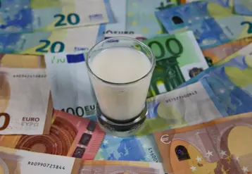 <em class="placeholder">Milk price and agricultural products trend concept: Small glass of milk on euro money bank notes</em>
