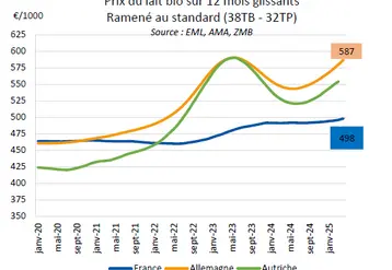 <em class="placeholder">courbe de l&#039;évolution du prix 12 mois glissants du lait bio en France, en Allemagne et en Autriche</em>