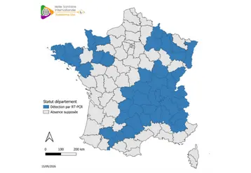Carte de France des départements ayant détecté la présence du virus Shamonda-Europe par RT-PCR au 15 septembre 2026.