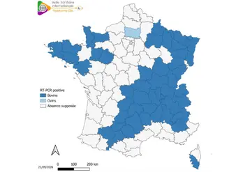 Carte de France des départements ayant détecté la présence du virus Shamonda-Europe par RT-PCR chez des bovins (bleu foncé) ou chez des ovins (bleu clair) au 21 septembre 2026. 