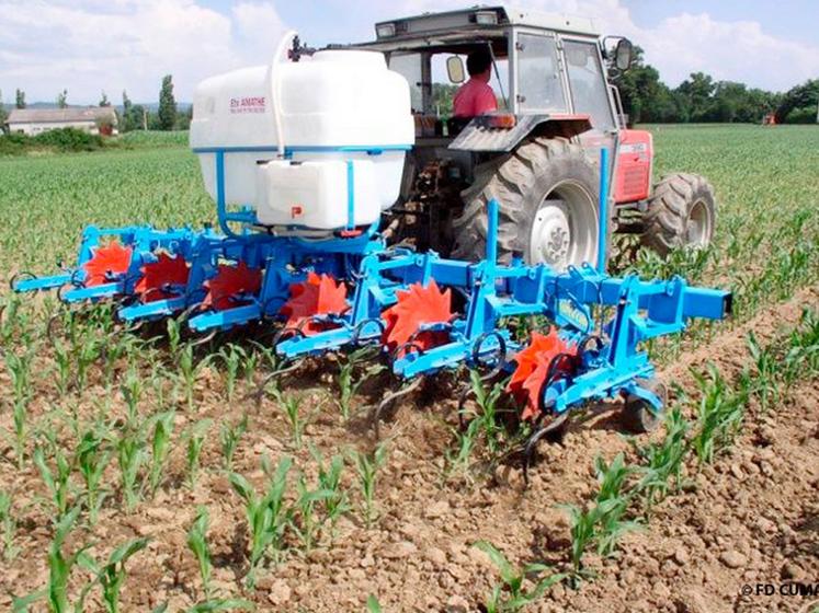 file-La désherbineuse permet de réduire fortement la dose de produits chimiques apportée, tout en assurant un binage dans l'interrang. Le kit de désherbage peut être adapté à  la bineuse pour ne traiter que sur le rang, gràce à  des buses. Â© FD CUMA des 