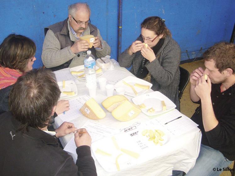 file-Répartis sur différentes tables, les 70 membres du jury ont eu beaucoup de mal à  départager les fromages en concours. Preuve que la qualité était au rendez-vous Â© Le Sillon