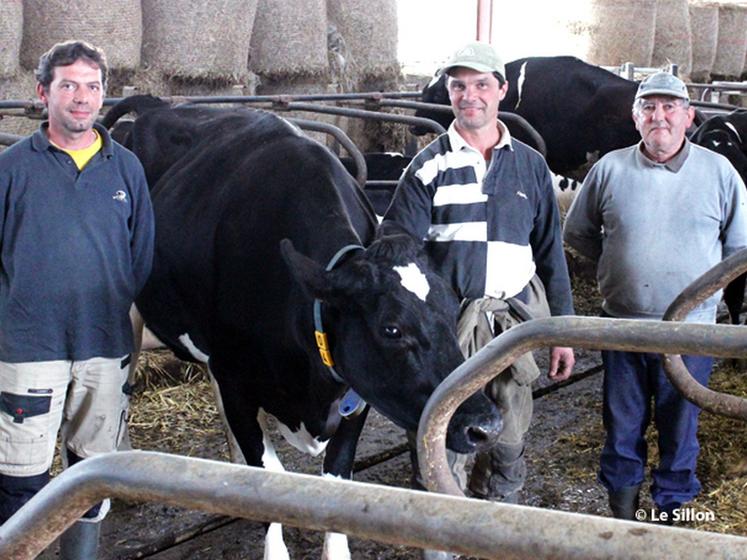 file-Thierry Berné (à  gauche) et son frère Francis (au centre) ont succédé à  leur père Jacques à  la tête de l'exploitation familiale. Depuis plusieurs années, le troupeau figure en bonne place au classement des meilleurs élevages de France pour sa prod