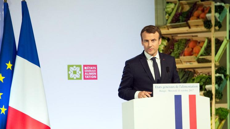 file-Au cours d’une longue intervention de plus d’une heure, le 11 octobre au marché de Rungis, le Président de la République Emmanuel Macron a annoncé la promulgation d’une loi issue des États généraux de l’alimentation au premier semestre 2018.