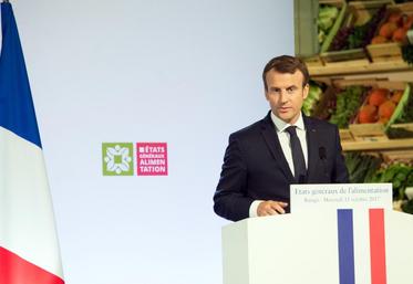 file-Au cours d’une longue intervention de plus d’une heure, le 11 octobre au marché de Rungis, le Président de la République Emmanuel Macron a annoncé la promulgation d’une loi issue des États généraux de l’alimentation au premier semestre 2018.
