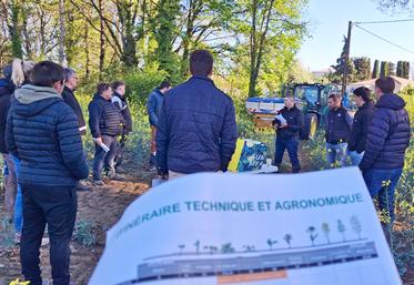 Une dizaine d’agriculteurs écoutent technicien sur une parcelle. 