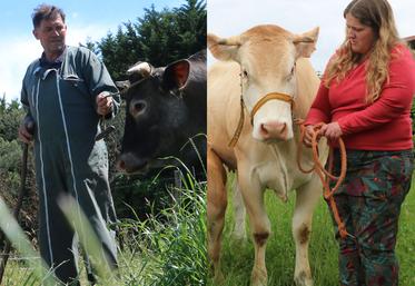Hervé Lard avec une Bazadaise et Audrey Ladonne avec une Blonde d'Aquitaine