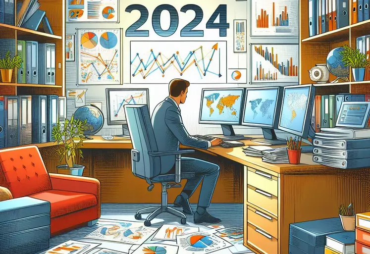 Un bureau de chef d'entreprise, avec des ordinateurs et de nombreux dossiers, mention de l'année 2024