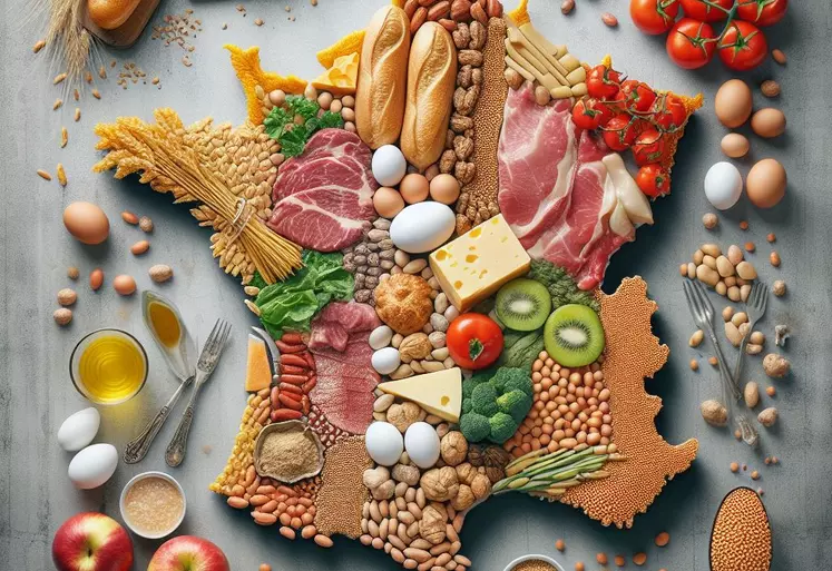 vue de haut, une carte de France dessinée avec du blé, du beurre, des oeufs, de la viande, du fromage, des pommes, des tomates, du soja, du saumon