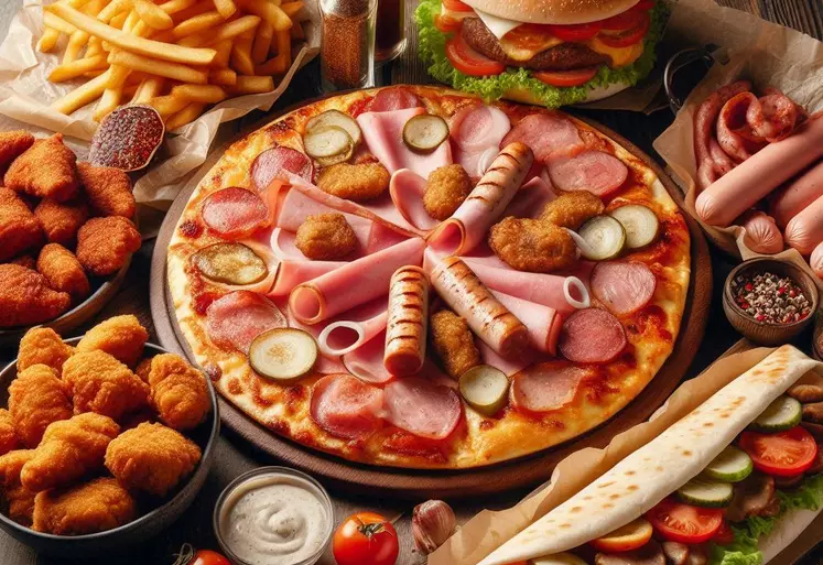 une table avec posé dessus un kebab, une pizza au jambon, des cuisses de poulets, des nuggets, du saucisson, du steak haché, un burger, style photo culinaire