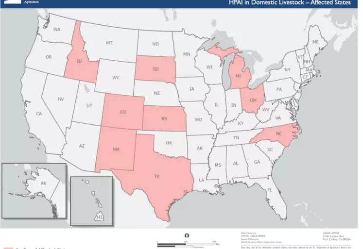 Carte des états où des cas de grippe aviaire dans des bovins ont été confirmés, au 22 mai 2024