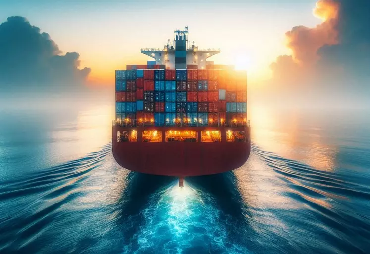 un bateau porte-conteneur en contre plongée au milieu de l'océan, à l'aube, style photographique