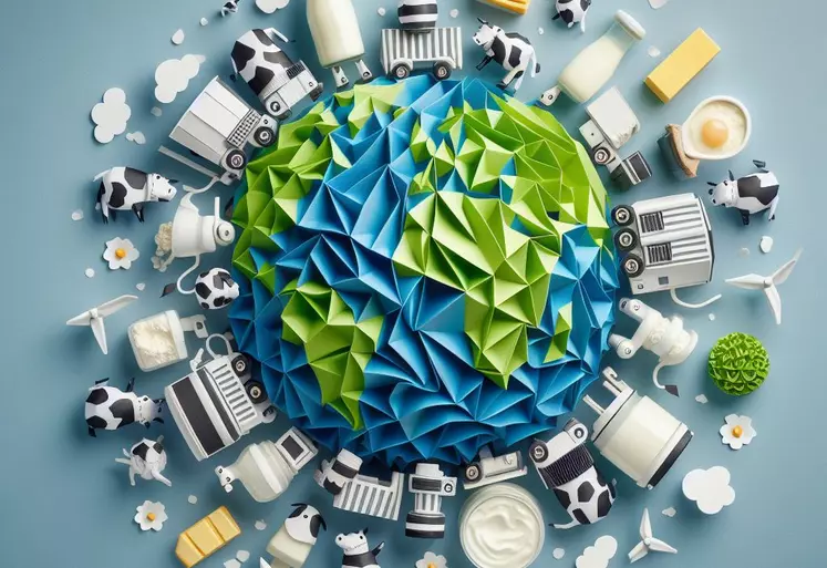 planete terre avec des produits laitiers autour le tout en origami