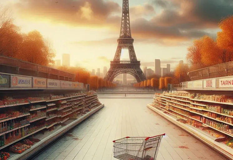 un supermarché à Paris sans rien à vendre, désert, en arrière plan la tour eiffel, en automne, style photographique