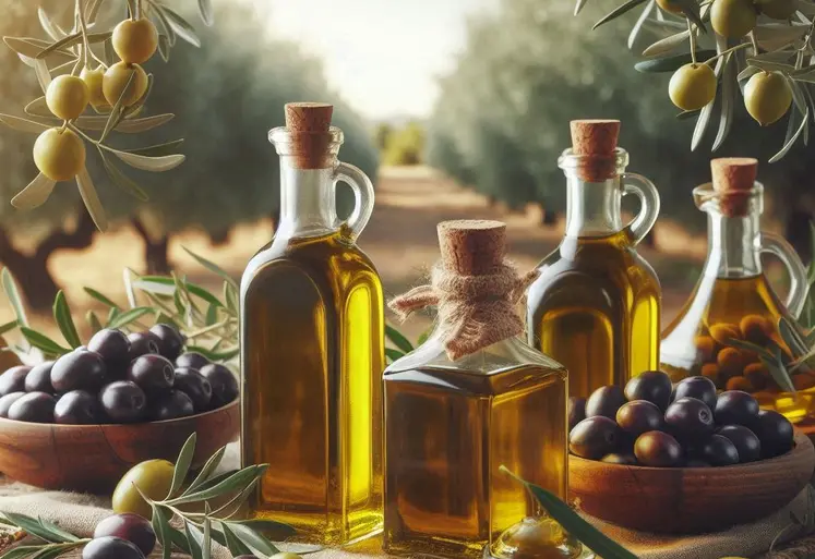 des bouteilles d'huile d'olive au premier plan, au fond des vergers d'olivier