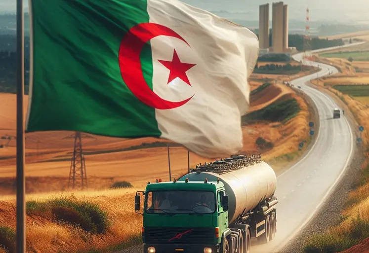 au premier plan un drapeau algérien qui flotte au vent, derrière un camion citerne qui roule sur route rurale