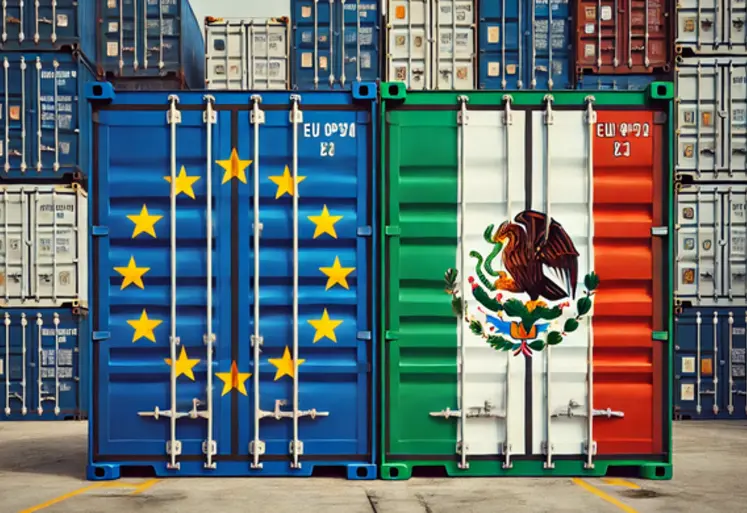 une image avec deux conteneurs : un aux couleurs du drapeau européen, l'autre aux couleurs du drapeau mexicain
