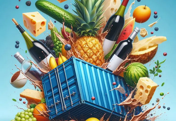 un conteneur s'écrase au sol. En jaillissent des myrtilles, des ananas, des bouteilles de vins, du parmesan, des concombres et du cacao