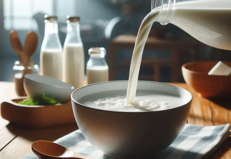 gros plan sur une bouteille de lait qui coule dans un bol dans une cuisine