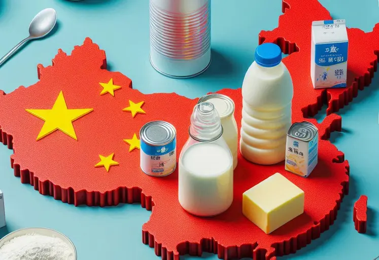 la carte de la Chine sur laquelle sont posés des packs de lait, de la poudre de lait, des bidons de lactosérum, des cubes de beurre