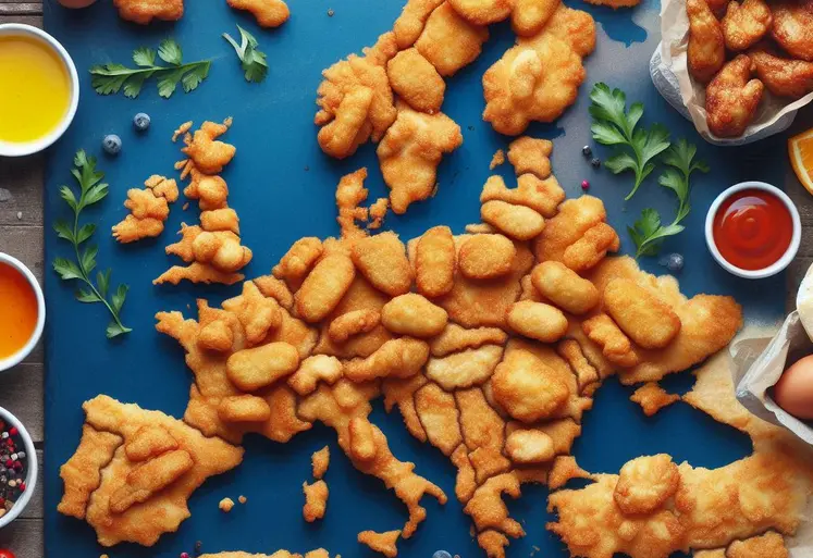 Une carte de l'Europe dessinée en nuggets de poulets, wings, cuisses de poulet