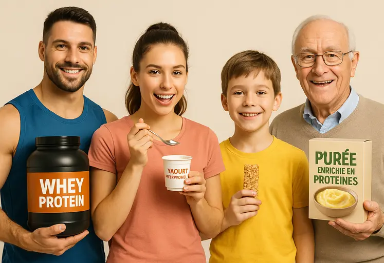 un sportif qui tient un bidon de whey, une jeune femme qui mange un yaourt hyperprotéiné, un enfant qui tient une barre de céréales, une personne âgée qui tient une boite de purée, style publicitaire