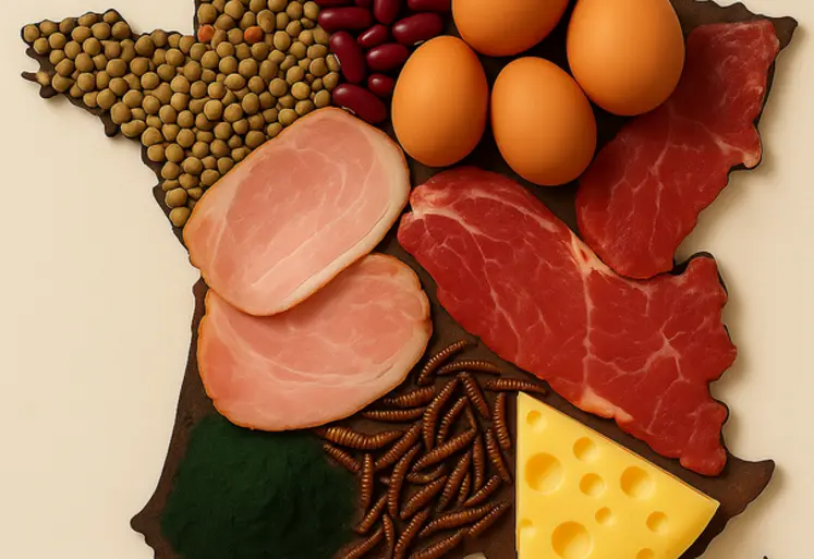 La silhouette de la France, remplie de lentilles, haricots rouge, oeufs, jambon, viande, fromage, insectes, spiruline style photo culinaire