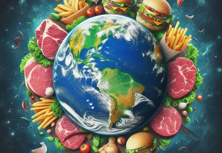 la planète Terre autour de laquelle tourbillonnent des steaks, du corned beef, du steak haché