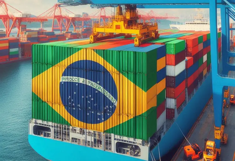 un beateau porte conteneur avec le drapeau brésilien