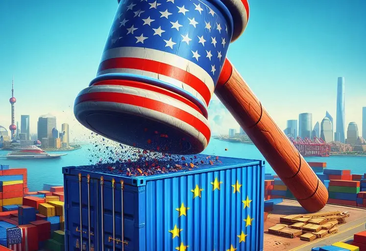 marteau au couleur du drapeau américain qui tape un conteneur au couleur du drapeau de l'ue