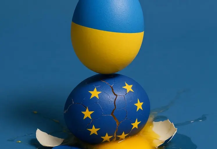 un oeuf aux couleurs du drapeau ukrainien qui tombe sur un oeuf au couleur du drapeau européen brisé