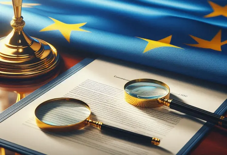 un document officiel avec une loupe et un drapeau européen en arrière plan