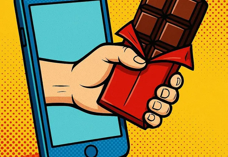 une main sort d'un smartphone et tend une barre de confiserie