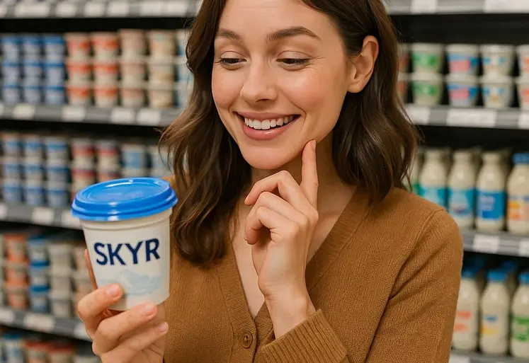une consommarice au rayon produits laitiers d'un supermarché, hésite en achetant un pot de skyr, elle a l'air joyeuse
