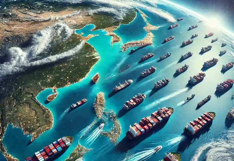 "la planète Terre vue de haut, avec des bateaux porte-conteneurs qui sillonnent les océans "