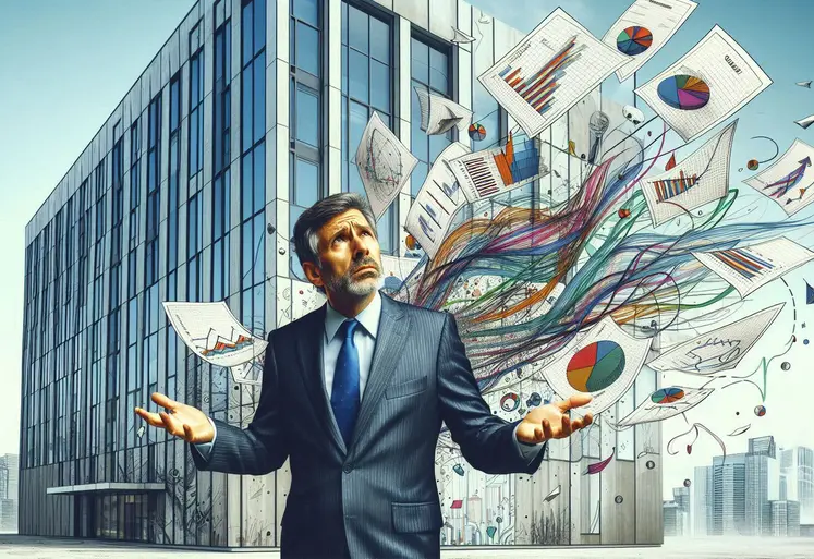 un chef d'entreprise quinquagénaire devant son bureau, qui a l'air perplexe. des feuilles avec des graphiques et courbes s'envolent.