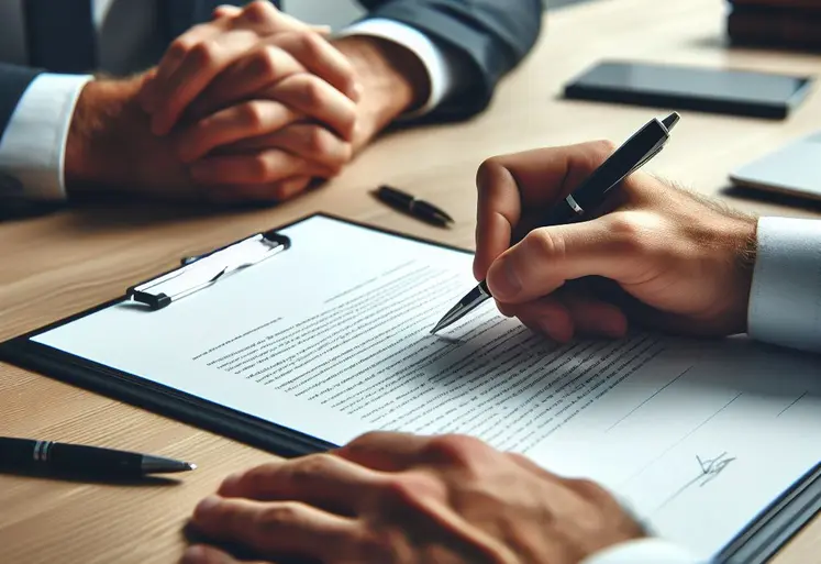 mains qui signent un contrat sur un bureau