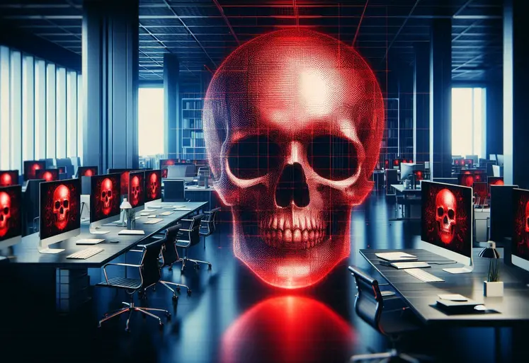 des ordinateurs d'entreprises. au premier plan, un filigrane tete de mort en rouge 